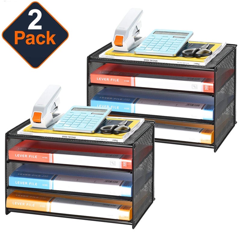 Samstar 2 Pack Paper Letter Tray, 3-Tier Desk File Organizer Paper Sorter Letter Shelf Rack, Mesh Made,Black - Image 2